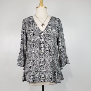 Ophelia Roe Black Snakeskin Print Bell Sleeve Layered Pullover Top Size M